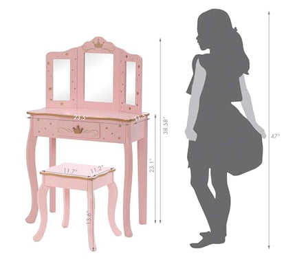 UTEX Kids Vanity Set with Mirror and Stool, Kids Make Up Vanity Desk with Mirrror for Little Girls, Children Makeup Dressing Table with Drawer, Pink - style: Pink-Crown