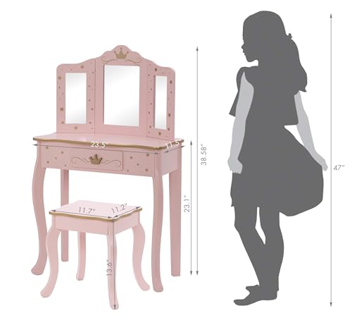 UTEX Kids Vanity Set with Mirror and Stool, Kids Make Up Vanity Desk with Mirrror for Little Girls, Children Makeup Dressing Table with Drawer, Pink - style: Pink-Crown