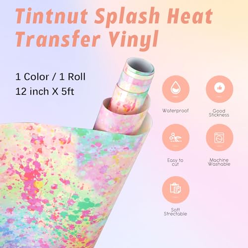 Tintnut Splash Heat Transfer Vinyl Roll - 12 Inch x 5ft Spring Color Watercolor Ink Patterned HTV Splatter Iron On Vinyl DIY T-Shirts Hats Clothes Canvas Bags - color: Green