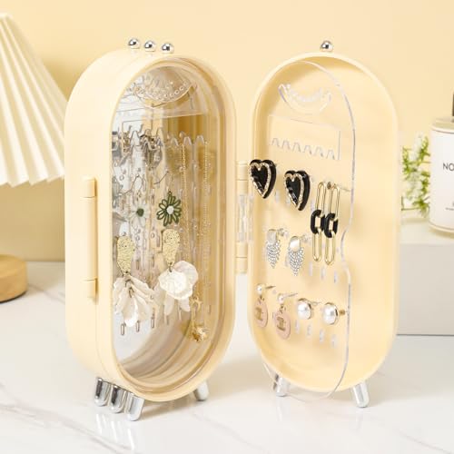 Foldable Earring Holder Jewelry Organizer Box with Mirror, 4-Layer Dustproof Earring Necklace Display Stand Jewelry Box with 153 Holes for Women and Girls, Gifts for Girl (Light Yellow) - color: Light Yellow