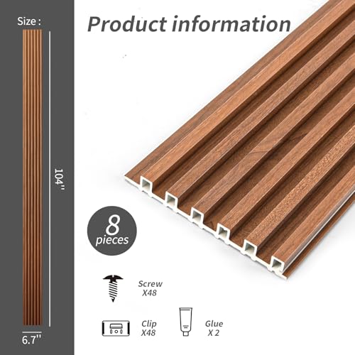 Art3dwallpanels Wood Slat Wall Paneling, 104'' x 6.7'' WPC Soundproof 3D Wall Panels for Interior Wall Decor, 8 Pack Fluted Textured Panel Wall Slats, Teak - color: Teak, size: 104'' x 6.7'' , 8 Pack