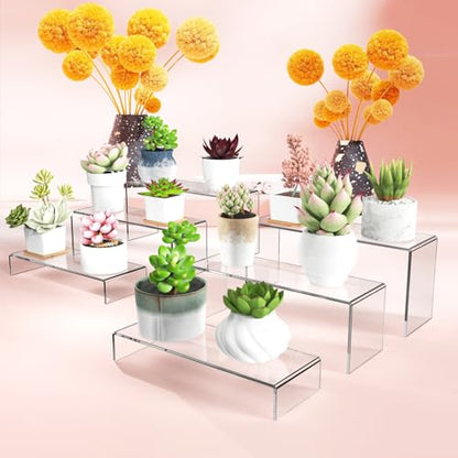 6 PCs Risers Display Stands 3 Tiers Desktop Acrylic Shelves Cake Dessert Holder Products Stand for Collectibles Shoes Jewels Pop Figure (Clear) - color: Clear 6 PCs