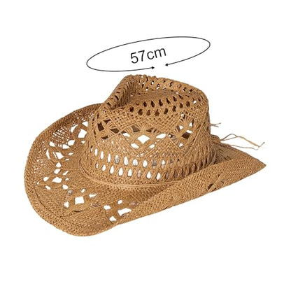 Straw Cowboy Hats Ventilated Hollow Round Foldable Sun Hats for Women Summer Western Cowgirl Beach Hat Photo Prop - color: Black