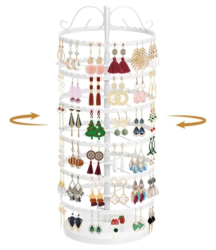 MODOWEY 6 Tier Rotating Earring Holder Organizer Stand, Adjustable Metal Display Tree Rack for Women, 480 Hole and Groove Large Storage for Pierced Stud Dangle Hoop, Compact for Small Dresser, White - color: White, size: 6-Tier