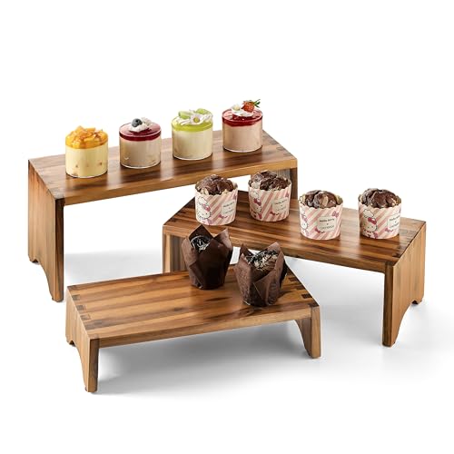 Tidita Acacia Wood Risers Display Stands Set of 3 - Wooden 3 Tier Cupcake Stand - 3 Tiered Riser for Vendors - Decorative Display Risers for Food Desserts Stand, Perfume, Funko POP at Party Wedding - color: Acacia