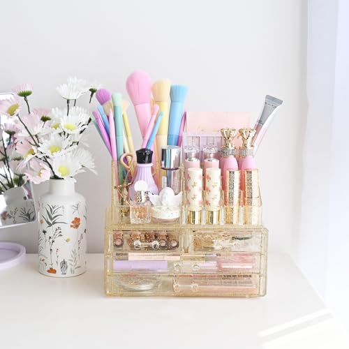 Ikee Design Acrylic Makeup Organizer with 4 Drawers Removable Top Lipstick Holders, Cosmetics Organizer for Skincare, Accessories, Lip Gloss for Vanity or Bathroom Countertop, Gold Glitter - color: 1b) 1 Top 4 Drawers, Gold Glitter