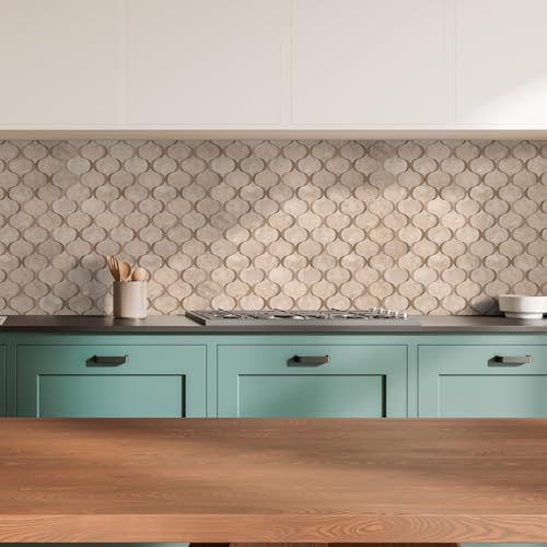 10 Sheet Arabesque Peel and Stick Backsplash Tile, Stick on Backsplash for Kitchen and Bathroom Wall, Beige Stone Look PVC Mixed Metal Aluminum - color: Beige Stone Mixed Metal Rose Gold