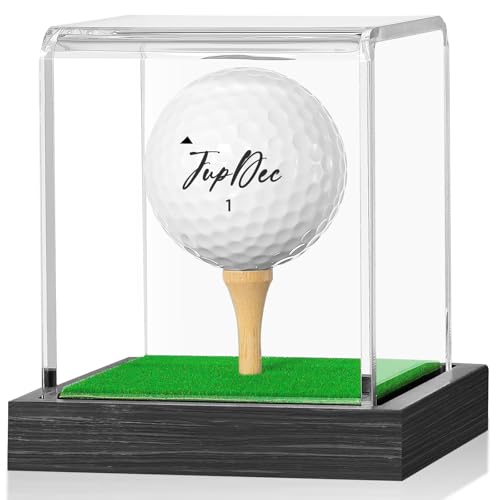 JupDec Golf Ball Display Case Clear Acrylic Memorabilia Stand Cube Holder with Wood Base & Tee, Dust Protection Transparent Storage Box for Single Ball Souvenir Golfball Collections, Black, 1 Pack
