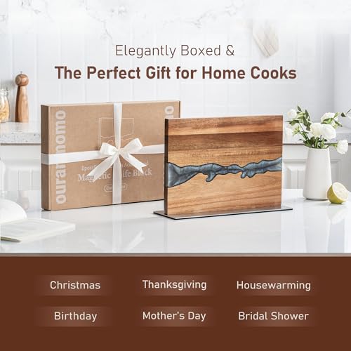 Magnetic Knife Holder Block for Countertop, No Drill Acacia Wood Stand with Epoxy Resin Art & Strong Magnets - Fits Chef Knives & Scissors & Bar Tools (No Knives Included)