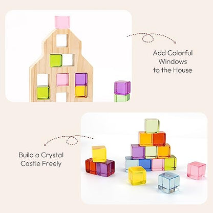 Woodtoe Wooden Building Blocks Set for Kids, 36 PCS Rainbow Acrylic Gem Blocks - 3 Wood House, Montessori Stacking Toy for Toddlers, Educational STEM Birthday Creative Toy Gift for Boys Girls 3-6 - style: 36 PCS Rainbow Blocks Set