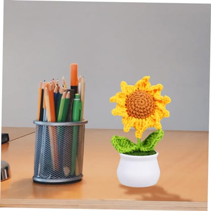 Crochet Sunflower Potted Flower Home Desktop Decoration Artificial Flower Ornament for Knitting and Woven Bonsai Decor for Friends and Family