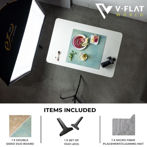 V-FLAT WORLD Duo Board Product Photography Backdrops - 2-Sided Background for Photograph, Realistic Item & Food Photography Background - Includes 2 Legs & Mat - 24" x 24", Miami Sky/Sahara Sand - color: Sahara Sand/Miami Sky, size: 24 x 24 inches