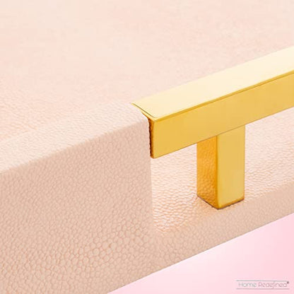 Home Redefined Modern Elegant 17.5"x12" Rectangle Baby Pink Tray Glossy Shagreen Faux Leather Decorative Ottoman Coffee Table Perfume Dresser Kitchen Serving Tray with Gold Polished Metal Handles. - color: Baby Pink & Gold