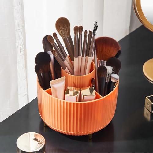 Diesisa 360 Rotating Makeup Brush Organizer With 5 Sections, Spining Countertop Swivel Makeup Brush Holder for Cosmetics, Nail Polish, Art Supply, Bathroom Vanity Desktop Organizer - Orange - color: Orange