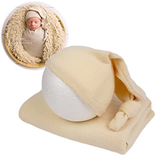 Zeroest Newborn Photography Wraps with Hat Baby Photo Outfit Girl Stretch Blanket Infant Boy Props for Baby Photo Shoot - color: Beige