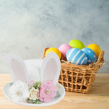 Cute Easter Bunny Ear Top Hat for Adults Rabbit Ears Cosplay Bucket Hat with Artificial Flower Costume Accessory - color: White