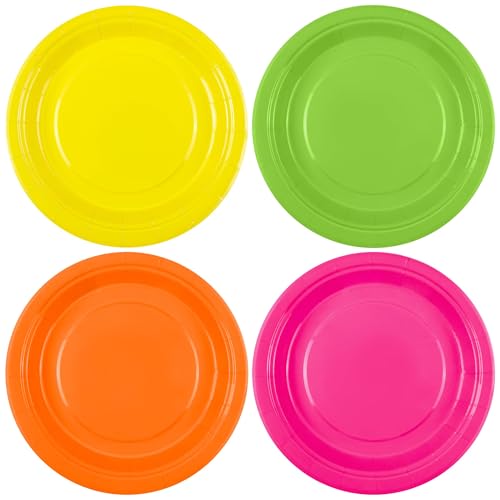 Breroa 72 Pieces Neon Paper Plates 7 Inch Bulk Paper Plates Disposable Round Dessert Plate Heavy Duty Solid Color Papers Plate Table Decors Party Supply for Birthday Party, Dinner Table, Wedding - color: Neon