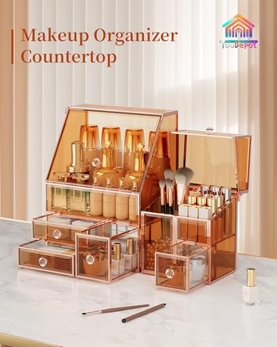 Youdepot Glass Makeup Storage for Vanity and Bathroom Countertop – Large Cosmetic Display Case and Skincare Storage Solution - color: Amber