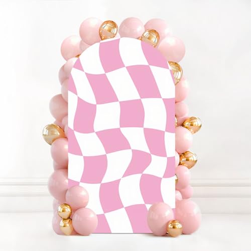 7.2FT Wedding Arch Backdrop Cover Wavy Checkered Pink White Graphic Retro Seamless Spandex Fitted Fabric Round Top Stretchy Stand Covers for Baby Shower Birthday Party Decoration - color: Color1, size: 7.2x4 FT
