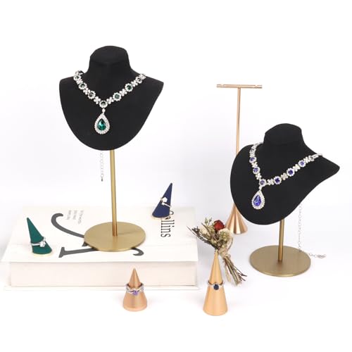 Necklace Display Stand For Selling Velvet Chain Jewelry Bust Holder Organizer With Stainless Steel Stand Jewelry Display - color: Navy-Blue-9.84in