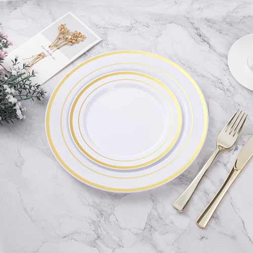 BESTVIP 50PCS Gold Plastic Plates, 10.25 Inch Disposable Dinner Plate Party with Gold Rim, Heavy Duty Disposable Plastic Plates for Christmas, Thanksgiving, Party, Wedding and Birthday - color: Gold, size: 50PC