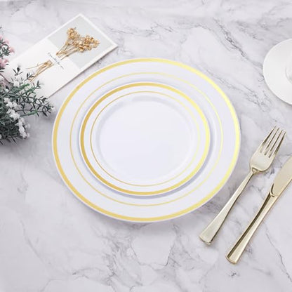 BESTVIP 50PCS Gold Plastic Plates, 10.25 Inch Disposable Dinner Plate Party with Gold Rim, Heavy Duty Disposable Plastic Plates for Christmas, Thanksgiving, Party, Wedding and Birthday - color: Gold, size: 50PC