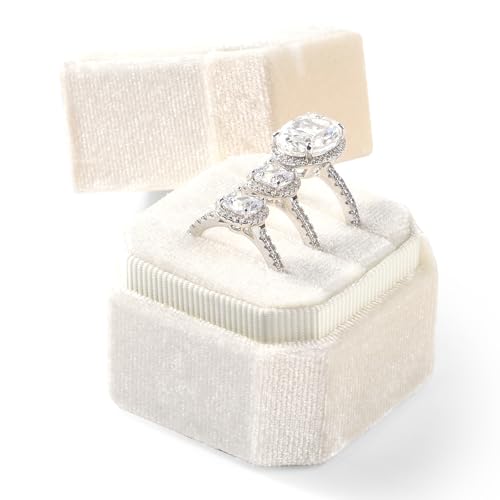 3 Slots Ring Box Velvet Ring Gift Box Wedding Day For Proposal, Engagement, Wedding, Mother's Day, Valentine's Day (White) - color: Beige