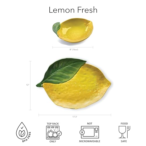 Abode Homewares Lemon Fresh Melamine Figural Platter - 17.3” x 12” - size: Lemon Shaped Platter