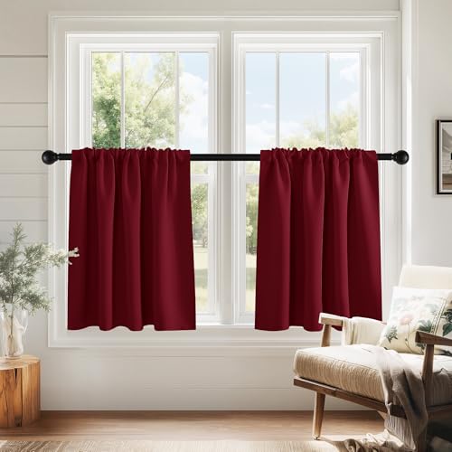 PONY DANCE Burgundy Red Short Blackout Curtains for Kitchen 2 Panels Set, Thermal Insulated Half Window Drapes for Christmas Decorations, Small Curtains for Bathroom, W 29 x L 24 inches - color: Red, size: 29"W x 24"L (Pack of 2)