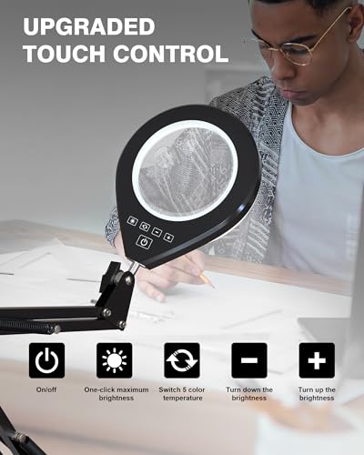 Magnifying Glass with Light, 10X & 5X Real Glass & Anti-Glare Lens, 5 Color Mode Stepless Dimmable LED Desk Magnifying Lamp, Hands-Free Desk Lamp with Clamp for Crafts Reading Repair Hobby (White) - color: White