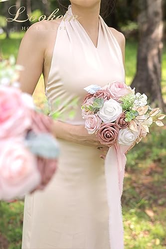 Lookein Bridesmaid Bouquet Set of 4 Boho Wedding Bouquet 7-Inch Fake Flower Bouquet for Bride Tossing Bouquet for Wedding Ceremony, Elegant Dusty Rose - color: 7" French Dusty Rose