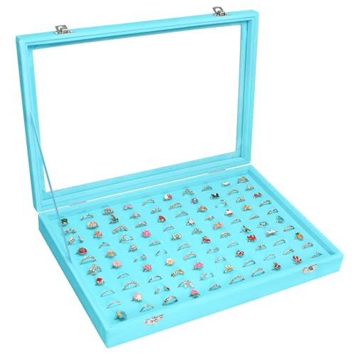 Vicoter Rings Organizer Tray 100 Slot Velvet Ring Earring Storage Box TranSparent Cover Jewelry Store Ring Display Box Jewelry Display Cabinet for Girl Wife Mother - color: Light Blue