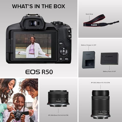 Canon EOS R50 Mirrorless Camera with RF-S18-45mm F4.5-6.3 is STM & RF-S55-210mm F5-7.1 is STM Lenses, 24.2 Megapixel CMOS (APS-C) Sensor, 4K Video, Content Creator Vlogging Camera, RF Mount, Black - color: Black, style: EOS R50 w/RF-S18-45mm + RF-S55-210m