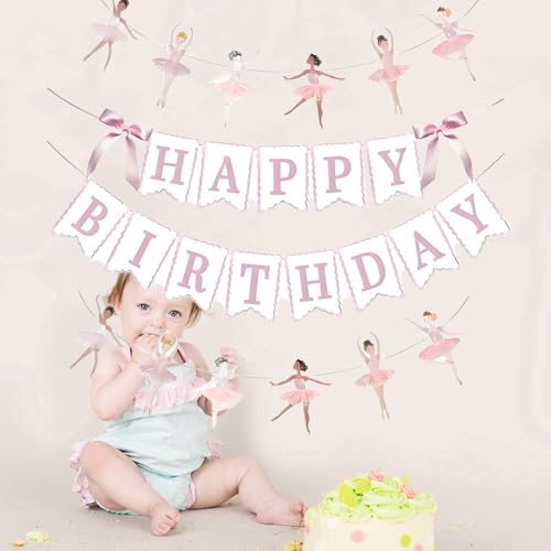 JENSENLIN Ballet Birthday Party Decorations Set,Pink Happy Birthday Banner with Ballerina Garland, Aesthetic Beauty Dance Theme Photo Props, 4 Pieces.