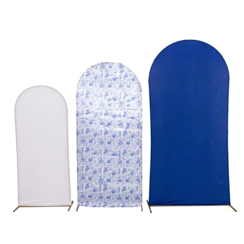 Efavormart Set of 3 White Blue French Toile Chiara Arch Backdrop Covers (7ft/6ft/5ft), Round Top Snug Fit, Double-Sided Matte Spandex, Elegant Pattern Design for Bridal Shower, Events - color: Floral Blue