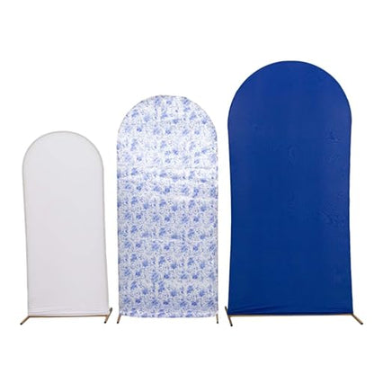 Efavormart Set of 3 White Blue French Toile Chiara Arch Backdrop Covers (7ft/6ft/5ft), Round Top Snug Fit, Double-Sided Matte Spandex, Elegant Pattern Design for Bridal Shower, Events - color: Floral Blue