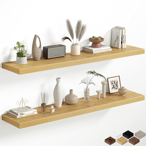Oak Floating Shelves for Wall, 55 Inch Floating Shelves Set of 2, Wall Mounted Rustic Wood Shelf for Bathroom, Living Room, Bedroom and Kitchen, Hanging Shelf for Storage, Books, Home Decor - color: Oak, size: 55 Inch, Set of 2