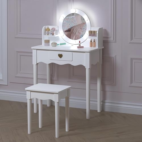 UTEX Kids Vanity, Girls Vanity Set with Mirror and Stool and Lights, Kids Vanity Table and Chair Set,Wooden Princess Makeup Desk Dressing Table, White - style: Golden Heart with LED Blubs