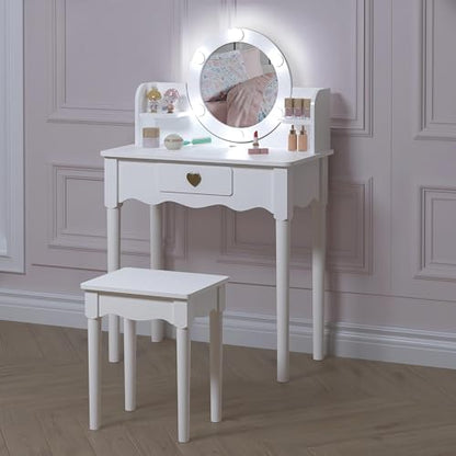 UTEX Kids Vanity, Girls Vanity Set with Mirror and Stool and Lights, Kids Vanity Table and Chair Set,Wooden Princess Makeup Desk Dressing Table, White - style: Golden Heart with LED Blubs