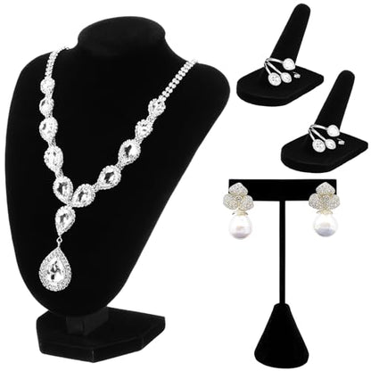 Wenqik 3 Pcs Velvet Jewelry Display Set Velvet Necklace Bust Holder T Shape Earring Stand Ring Finger Jewelry Holder, Black - color: Black