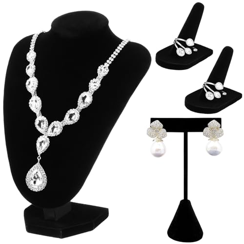 Wenqik 3 Pcs Velvet Jewelry Display Set Velvet Necklace Bust Holder T Shape Earring Stand Ring Finger Jewelry Holder, Black - color: Black
