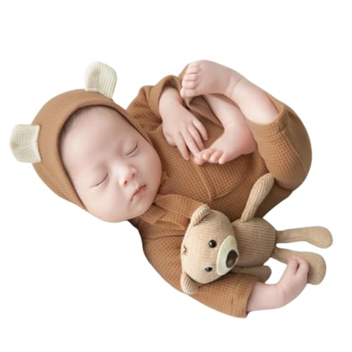 Newborn Baby Photo Shoot Props Girl Boy Crochet Knit Hat Costume Stripe Hat Pants Overalls Photography Props - color: Camel