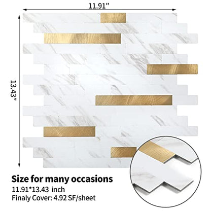 Yipscazo 10 Sheets Peel and Stick Stone Metal Tile Backsplash, Stick on Tiles for Backsplash Kitchen, Bathroom, Laundry Room, Camper, Fireplace (12'' X 12'', White Stone with Gold) - color: White Stone with Gold