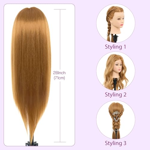 Mannequin Head with 80% Real Human Hair - 28 Inch Cosmetology Hairdressing Training Head Practice Doll Head Manikin Styling Head Braiding Mannequin Head - color: Blonde#27B