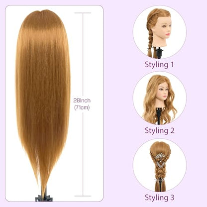 Mannequin Head with 80% Real Human Hair - 28 Inch Cosmetology Hairdressing Training Head Practice Doll Head Manikin Styling Head Braiding Mannequin Head - color: Blonde#27B
