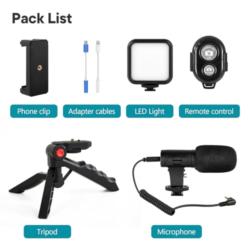 Vlogging Kit for iPhone, Android (with Tripod), with Mini LED Video Light + Cardioid Microphone + Phone Clip + Tripod for Video Calling, Vlogging, YouTube, Instagram, TikTok