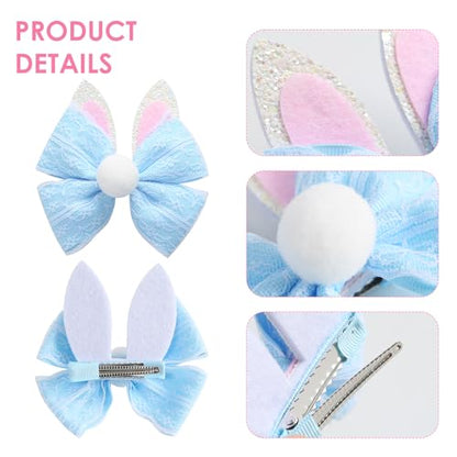 2PC Easter Bunny Ears Hair Bow Clips 4 Inch Rabbit Hair Accessories Spring Party Supplies Blue - color: Blue