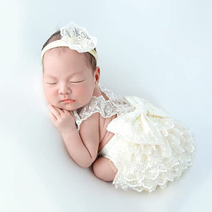 Ylsteed Newborn Photography Outfits Girl Newborn Photography Props Lace Romper Baby Photo Shoot Outfits Girls Photo Props (Strap Style - Beige) - color: Beige