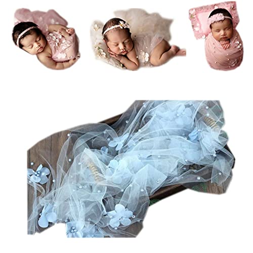 Coberllus Newborn Photography Props Boys Girls Wrap Blanket Baby Photo Shoot Floral Pearl Decorative Mesh Rug Layer Basket Filler (Light Blue) - color: Light Blue