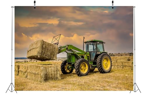 BELECO 10x8ft Fabric Farm Tractor Photography Backdrop Countryside Ranch Green Tractor Hay Bales Fall Harvest Photography Background Autumn Themed Party Decoration Photo Studio Props - size: 10x8ft